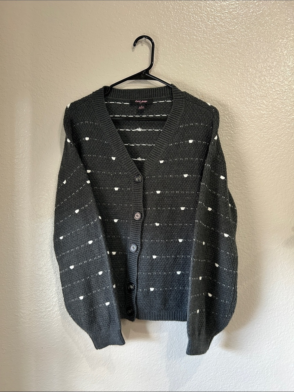 Love By Design Dark Gray White Knit Button Down Sweater Sz M Preppy Comfy